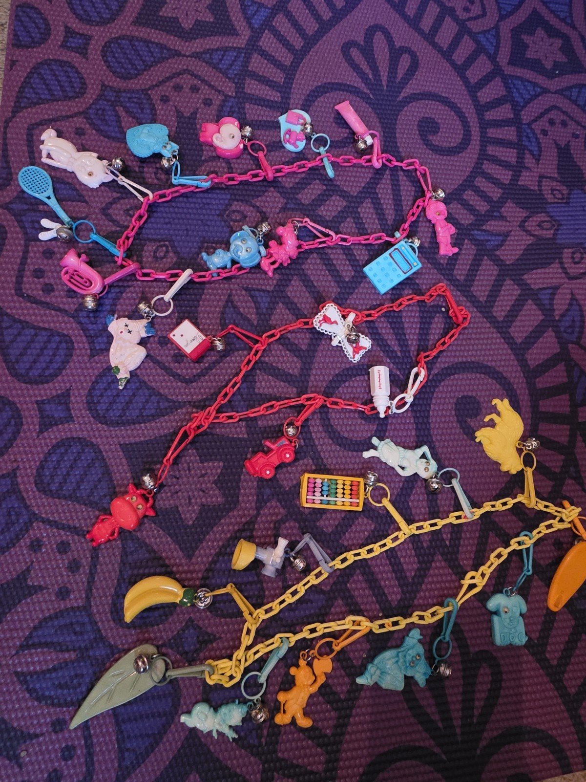 Three Vintage 80s Plastic Clip On Bell Charm Necklace  Rare 