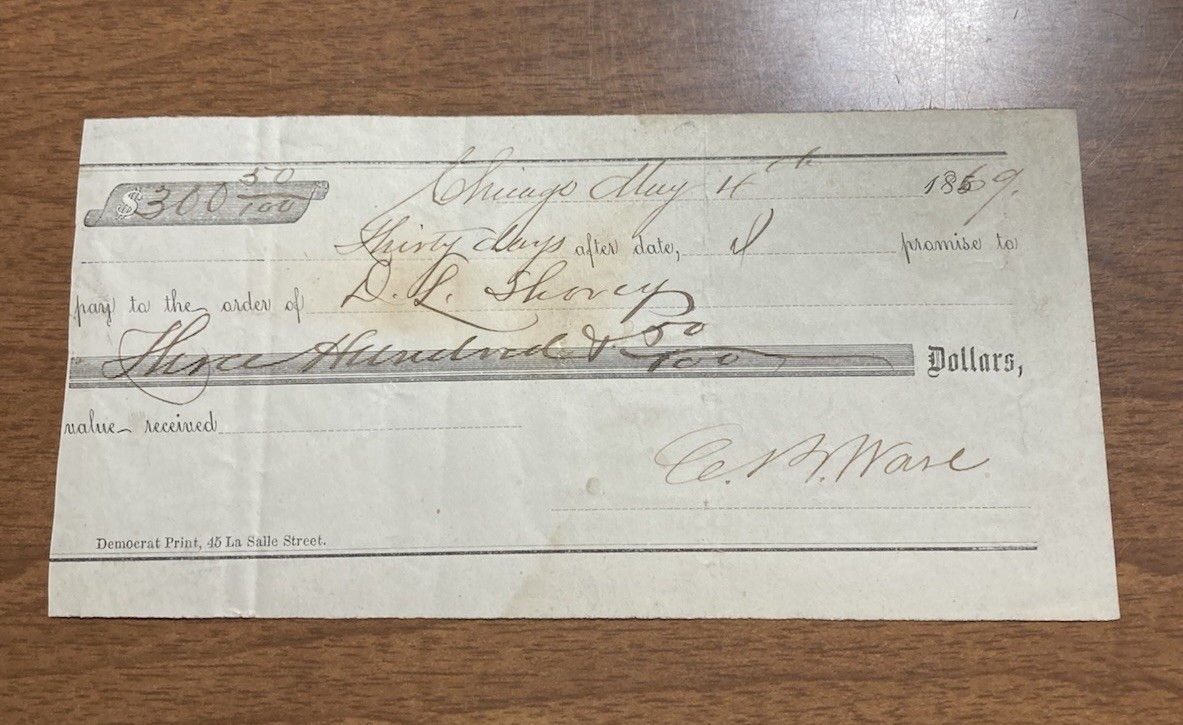 Antique 1869 Promissory Note, Chicago, Democrat Print, 45 LaSalle St. P