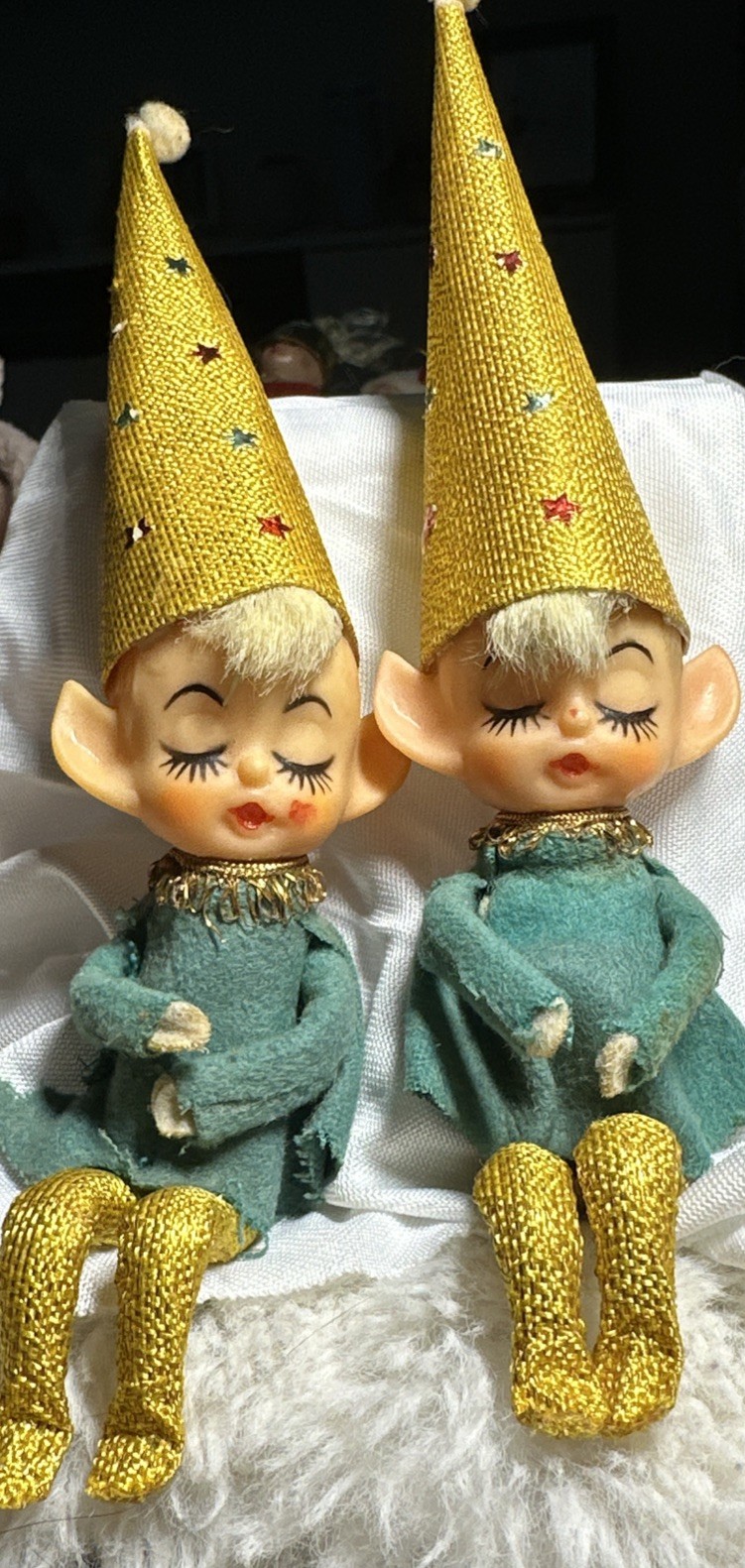 Vintage Knee Hugger Pixie Elves Christmas  Ornament Japan 1950\'s