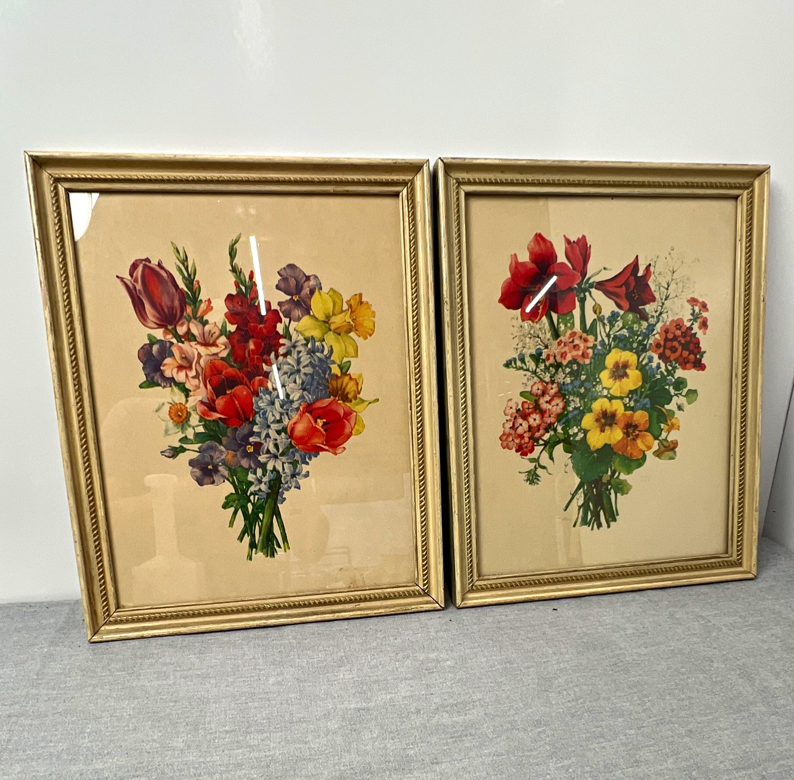 Pair Vtg Donald Art Co Percy King Floral Bouquet Prints Framed Mid Century 60s