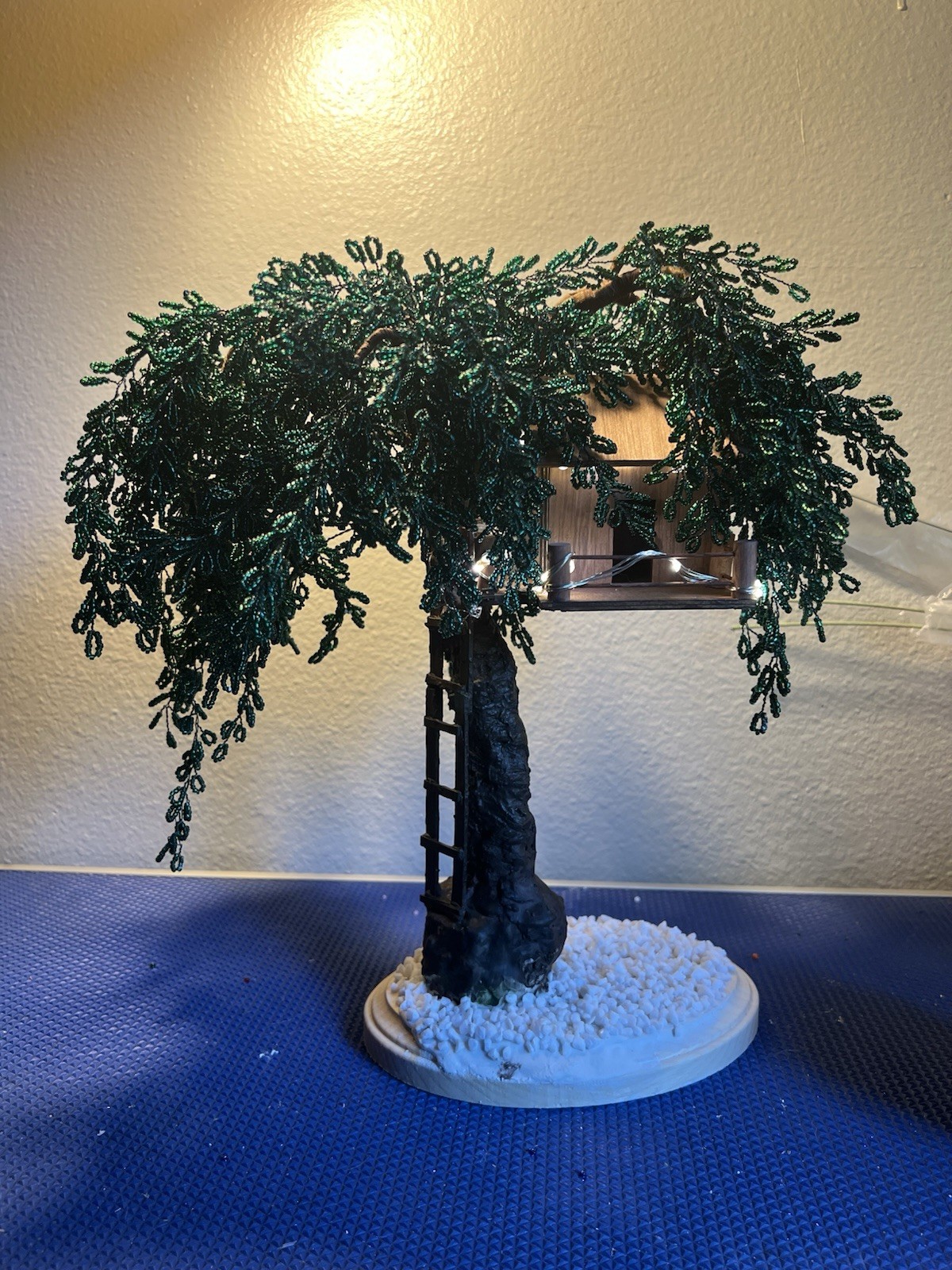 Miniature Treehouse Tree Figurine , Round Base, Beaded, 3D Matte