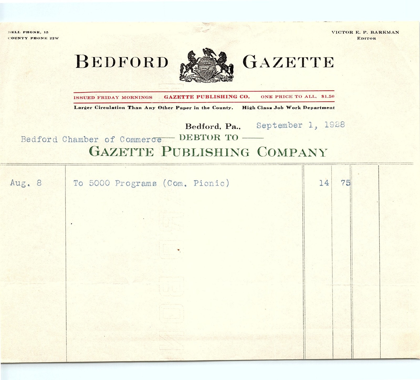 1928 Bedford, PA Gazette billhead to Chamber of Commerce