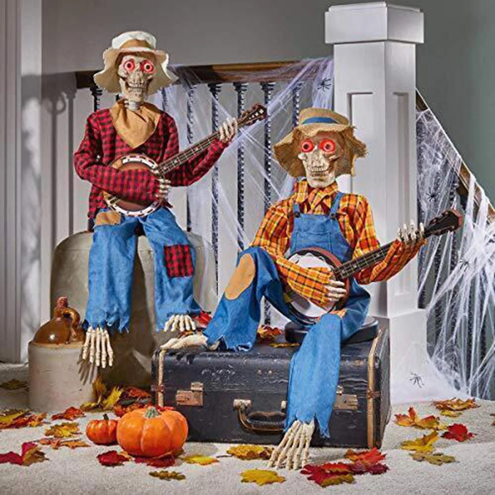 2PCS Halloween Skeletons Duo Animated Motion Sound Activated Musical Banjo Decor