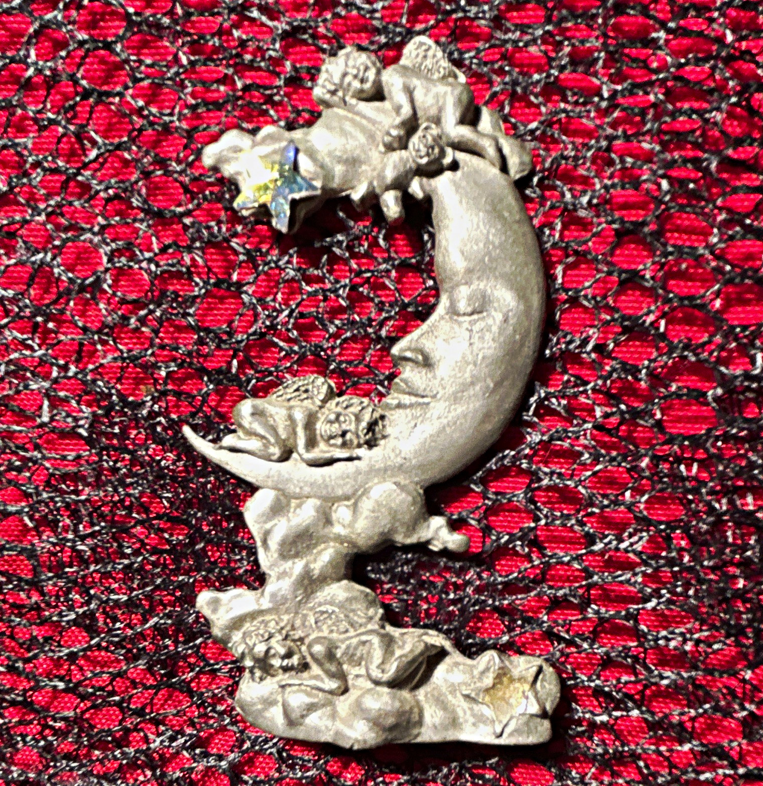 Silver Metal Crescent Moon Celestial Figurine w/ Clouds & Star, 3D Effect