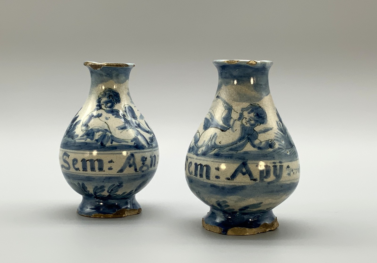 Rare Pair 17thC Italian Savona Majolica Albarello Drug Pharmacy Jar Bottles