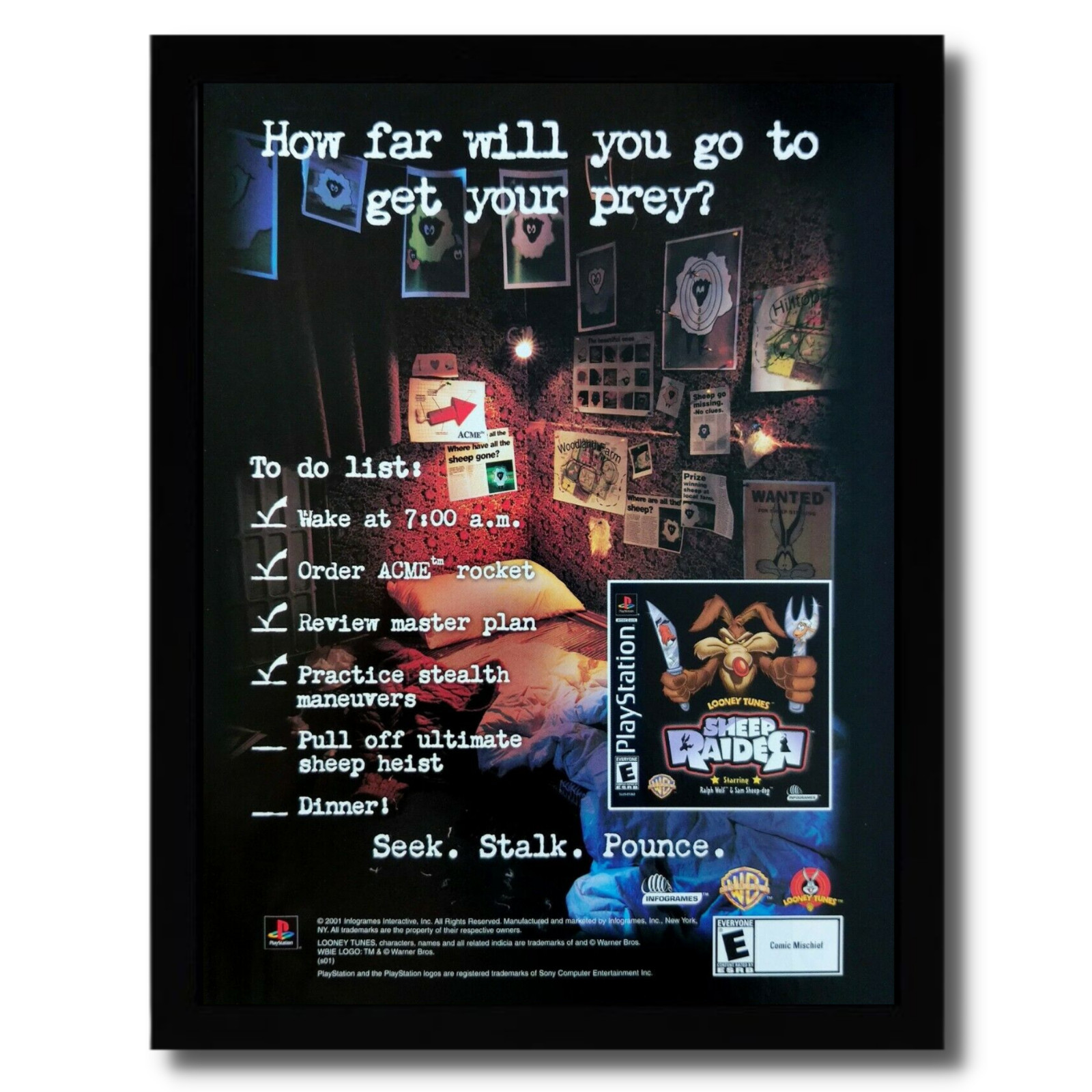 2001 Looney Tunes Sheep Raider Framed Print Ad/Poster Original Official PS1 Art