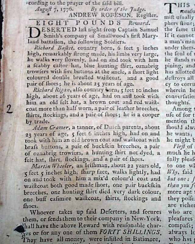 Post DECLARATION OF INDEPENDENCE American Revolutionary War 1776 U.S. Newspaper