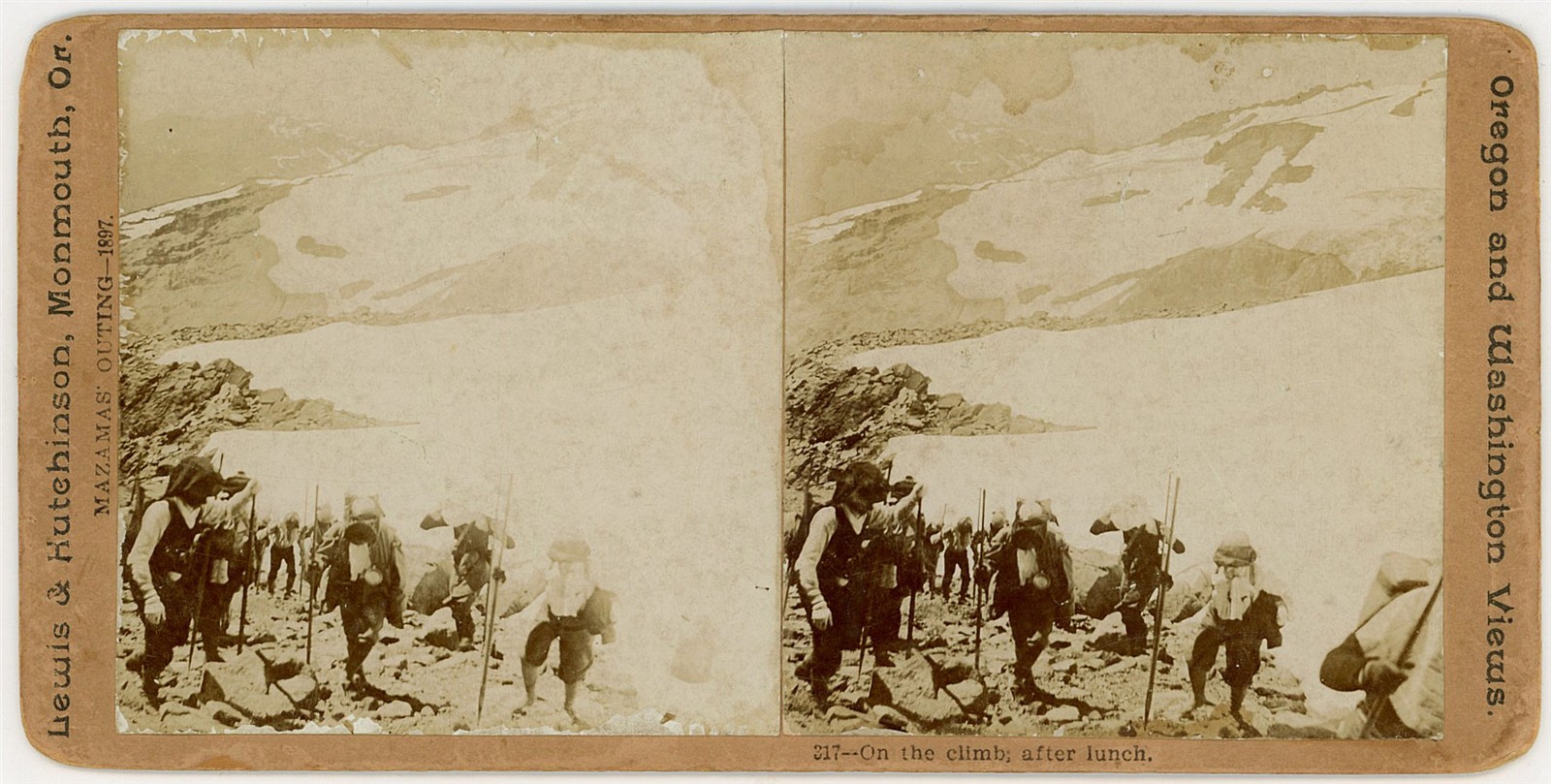 OREGON STEREOVIEW - Climbers on ridge nr Crater Lake - Lewis & Hutchinson 1890s