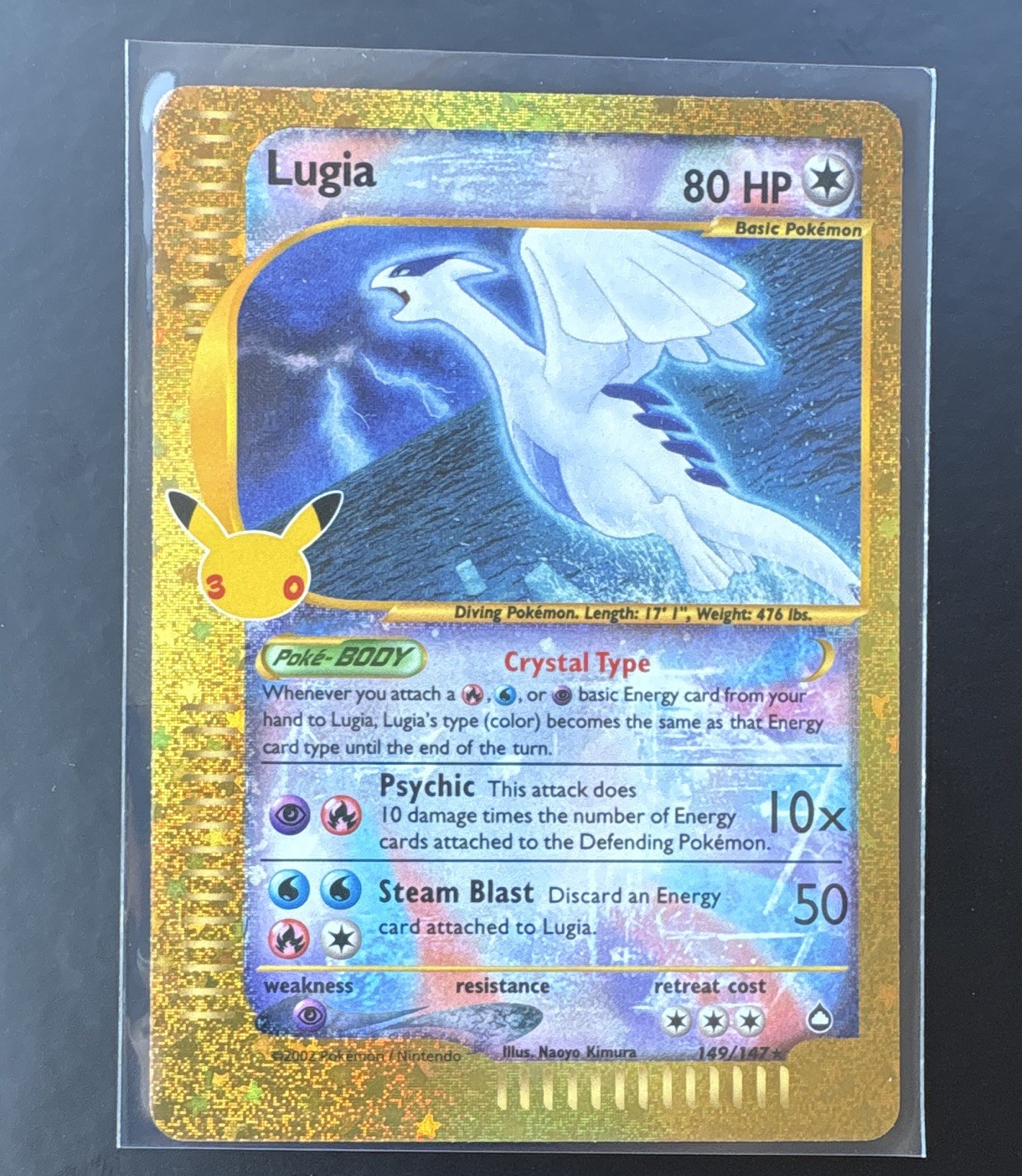 Pokemon Crystal Lugia 30th Anniversary Card (149/147) Holo Rare Gold TCG