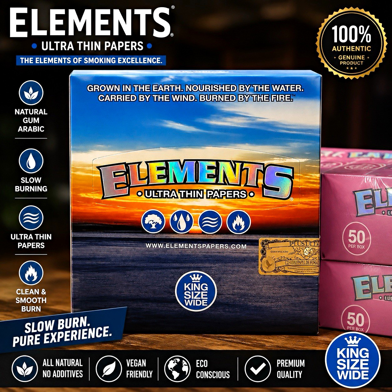 Elements Ultra Thin King Size Wide Rolling Papers 50 per Box