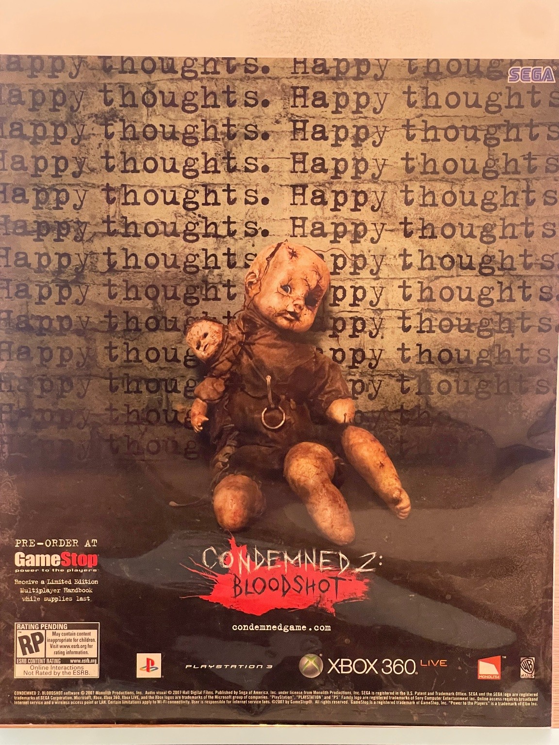 2007 Condemned 2 Bloodshot SEGA Xbox 360 PS3 Video Game Ad Creepy Doll