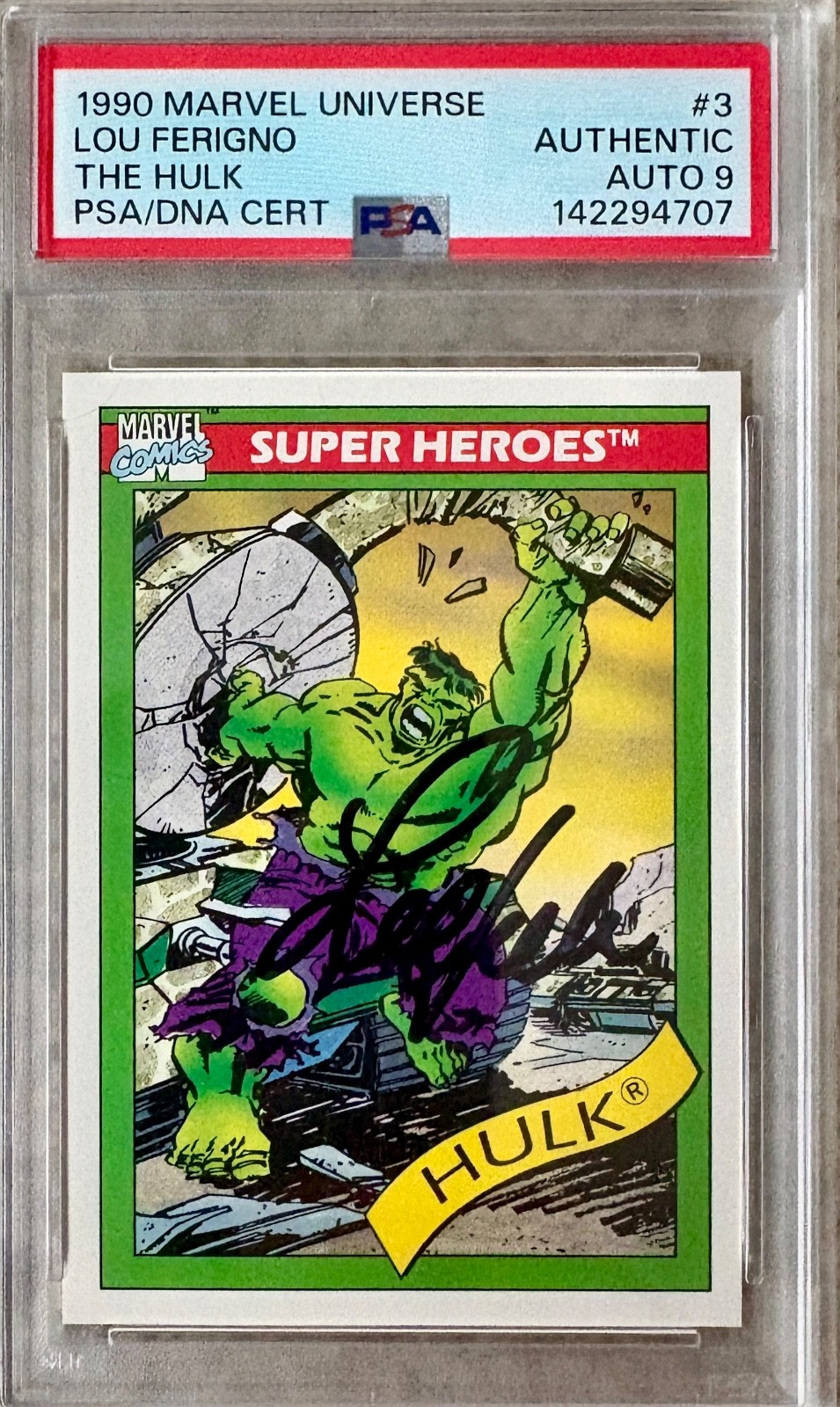 1990 Marvel Universe series 1 Hulk AUTOGRAPHED by Lou Ferigno PSA 9 *POP 1* 