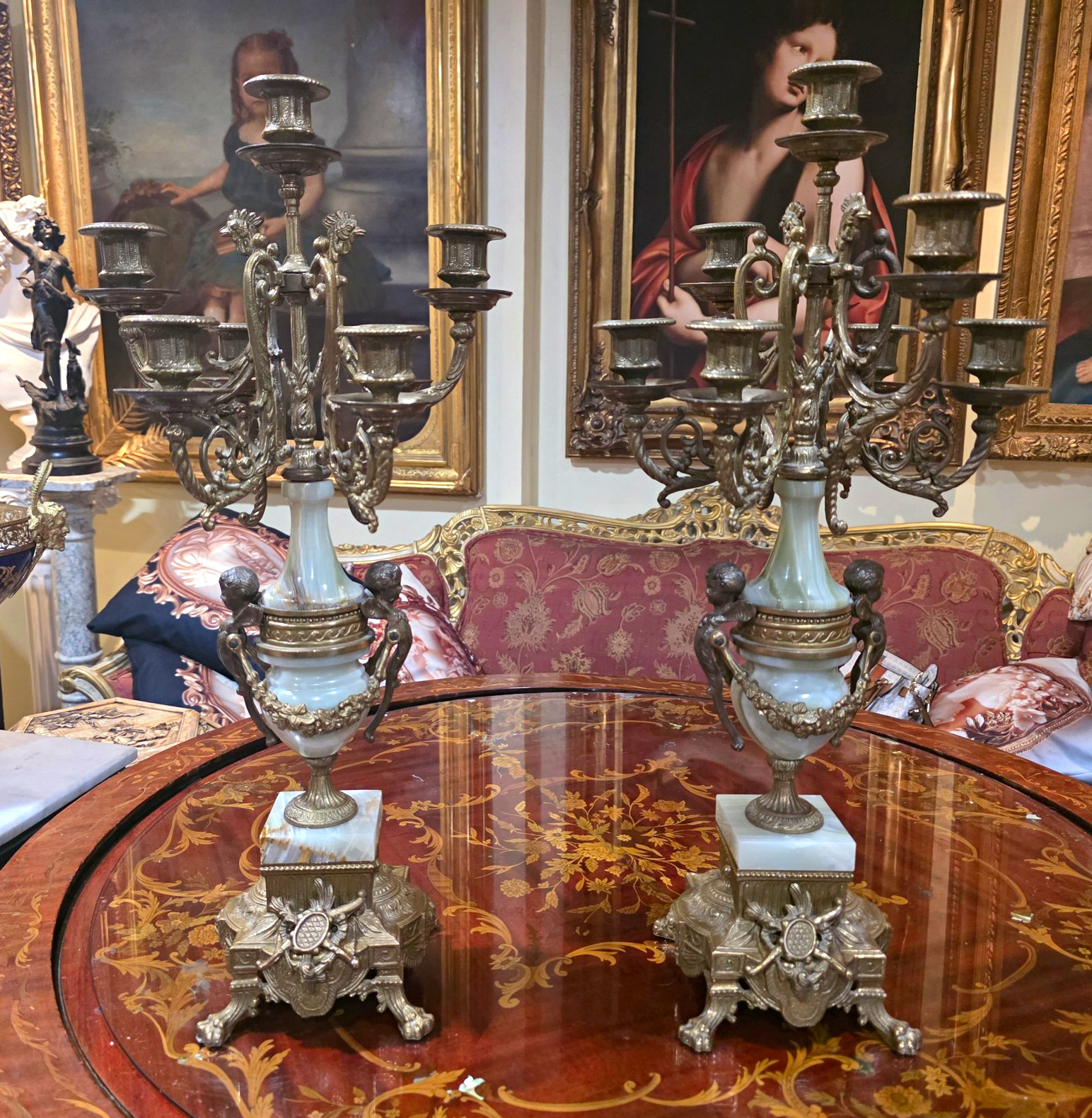 Vintage Italian BREVETTATO Onyx 7-Light Cherub Candelabras 24