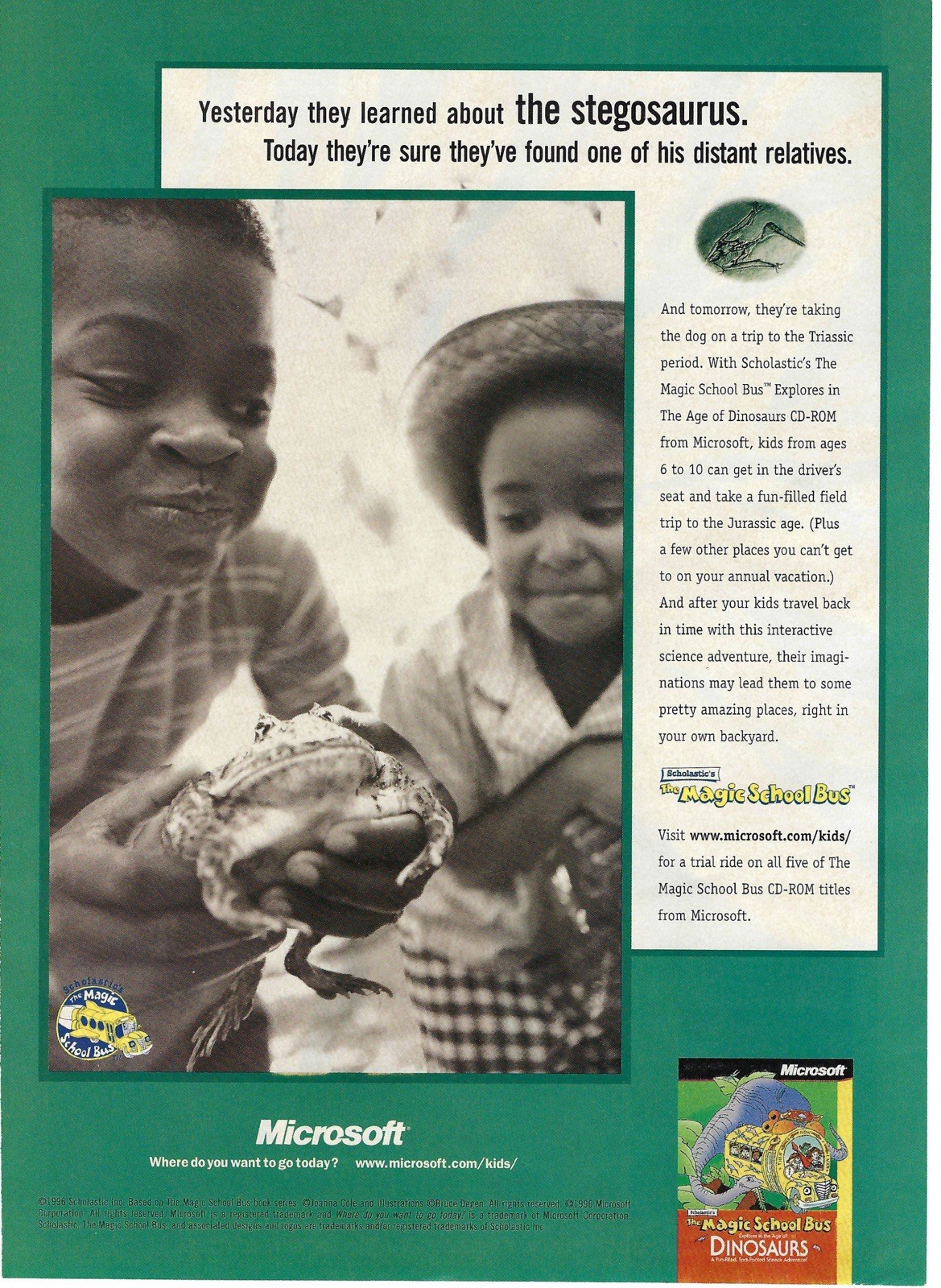 1996 Microsoft Scholastic’s The Magic School Bus Stegosaurus Vtg Print Ad/Poster