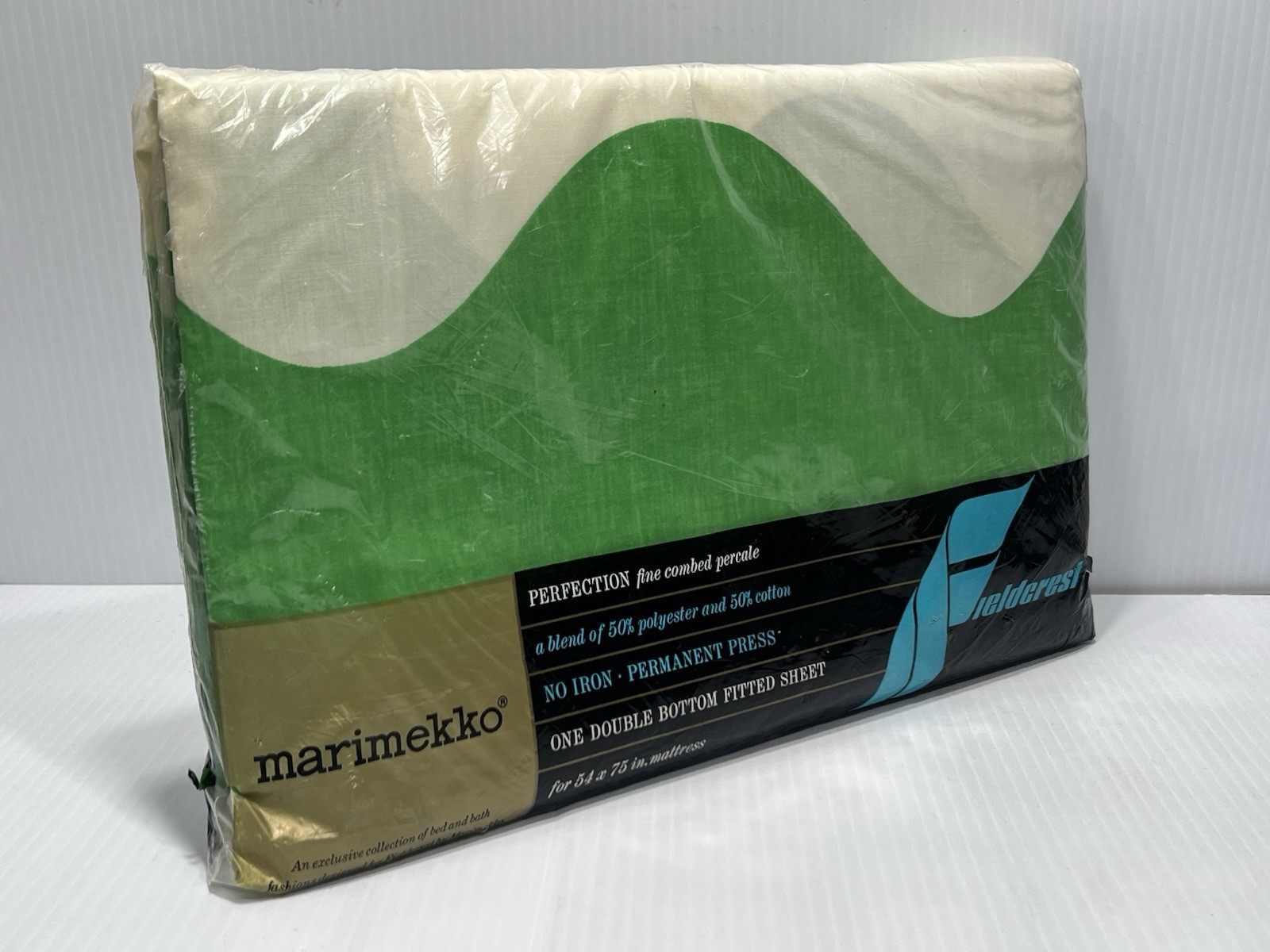 Vintage Marimekko Fieldcrest Fitted Sheet Full Double Green Wave MCM NOS NIP NEW