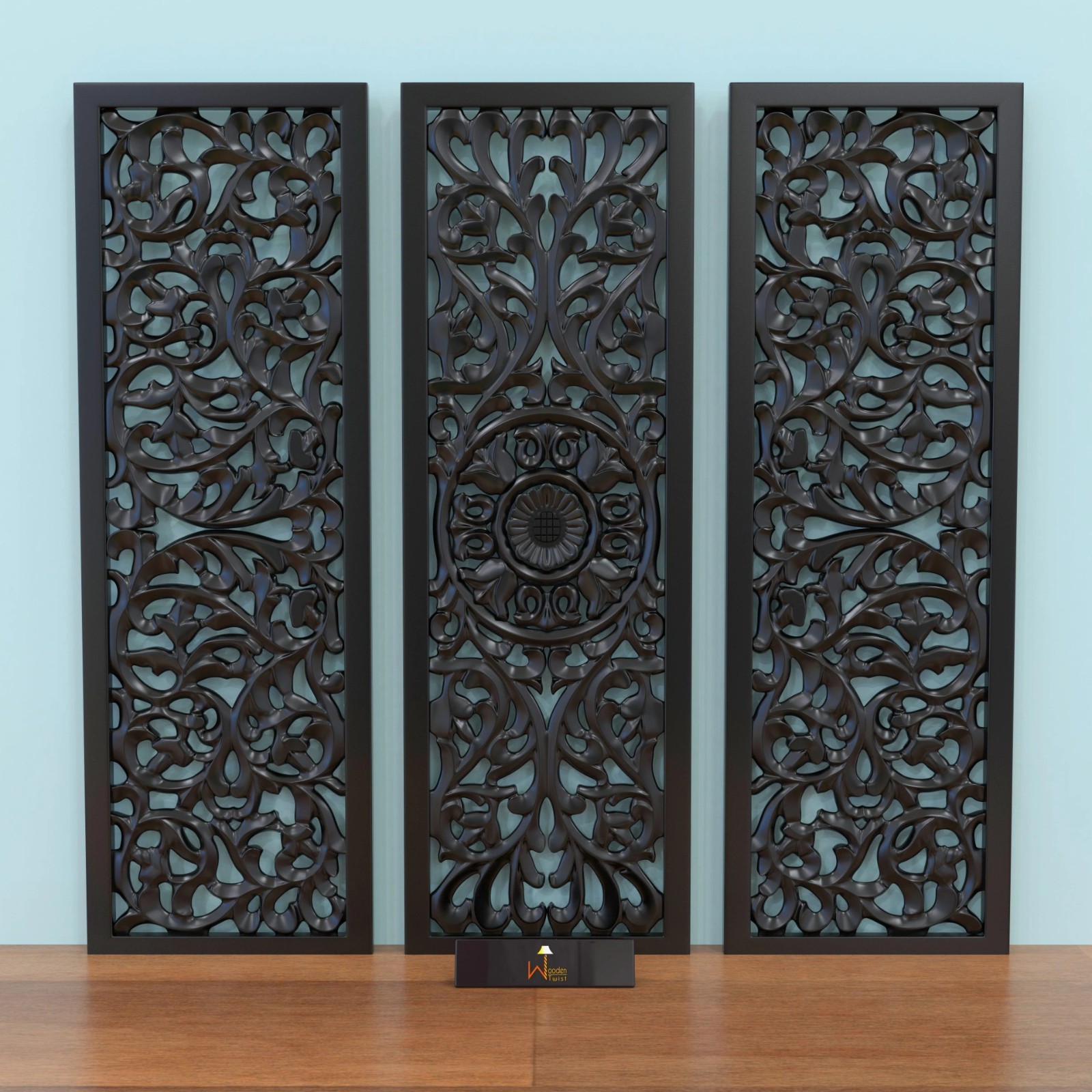 Wooden Twist Premium Wooden Decoration Hand Carved 3 Wall Panel (MDF Wood,Black)