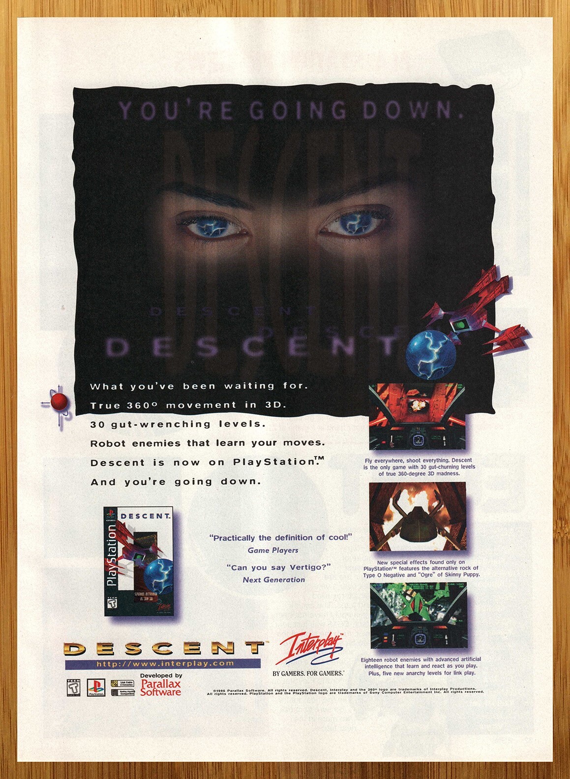 1996 Descent PS1 Vintage Print Ad/Poster Authentic Video Game Promo Wall Art 90s