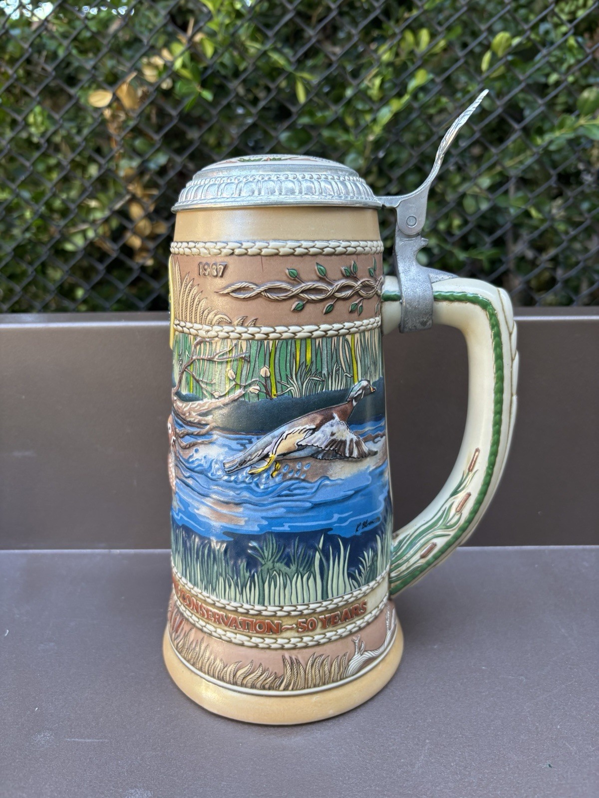 Vintage Ducks Unlimited Beer Stein First Edition 1987 w Lid Hunting Wood