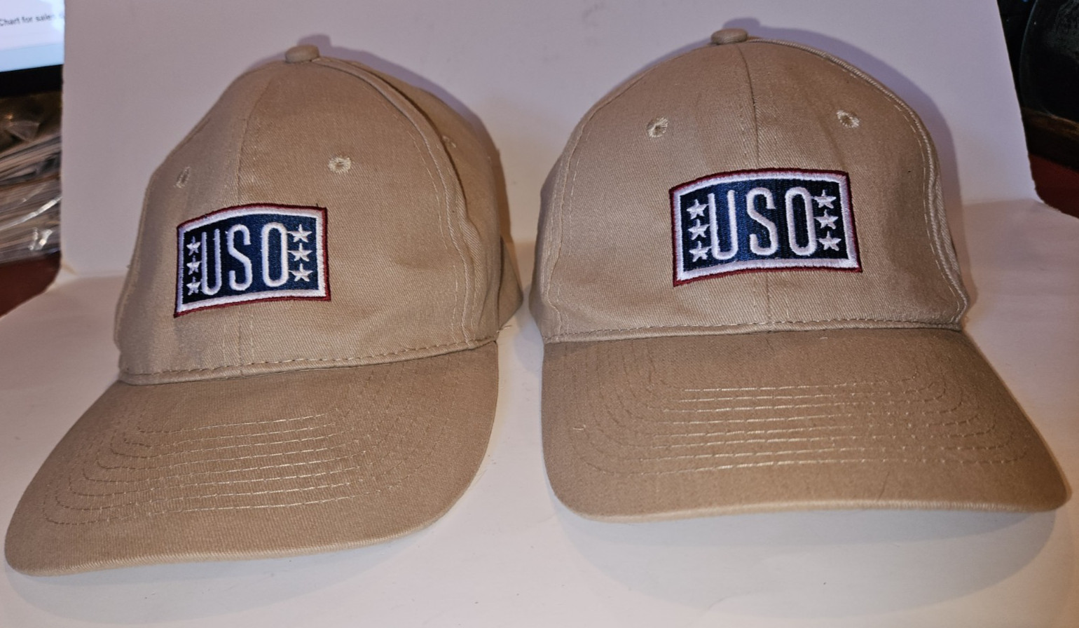 2 USO Baseball Hats Support Our Heroes (Military) Embroidered Khaki Adjustable