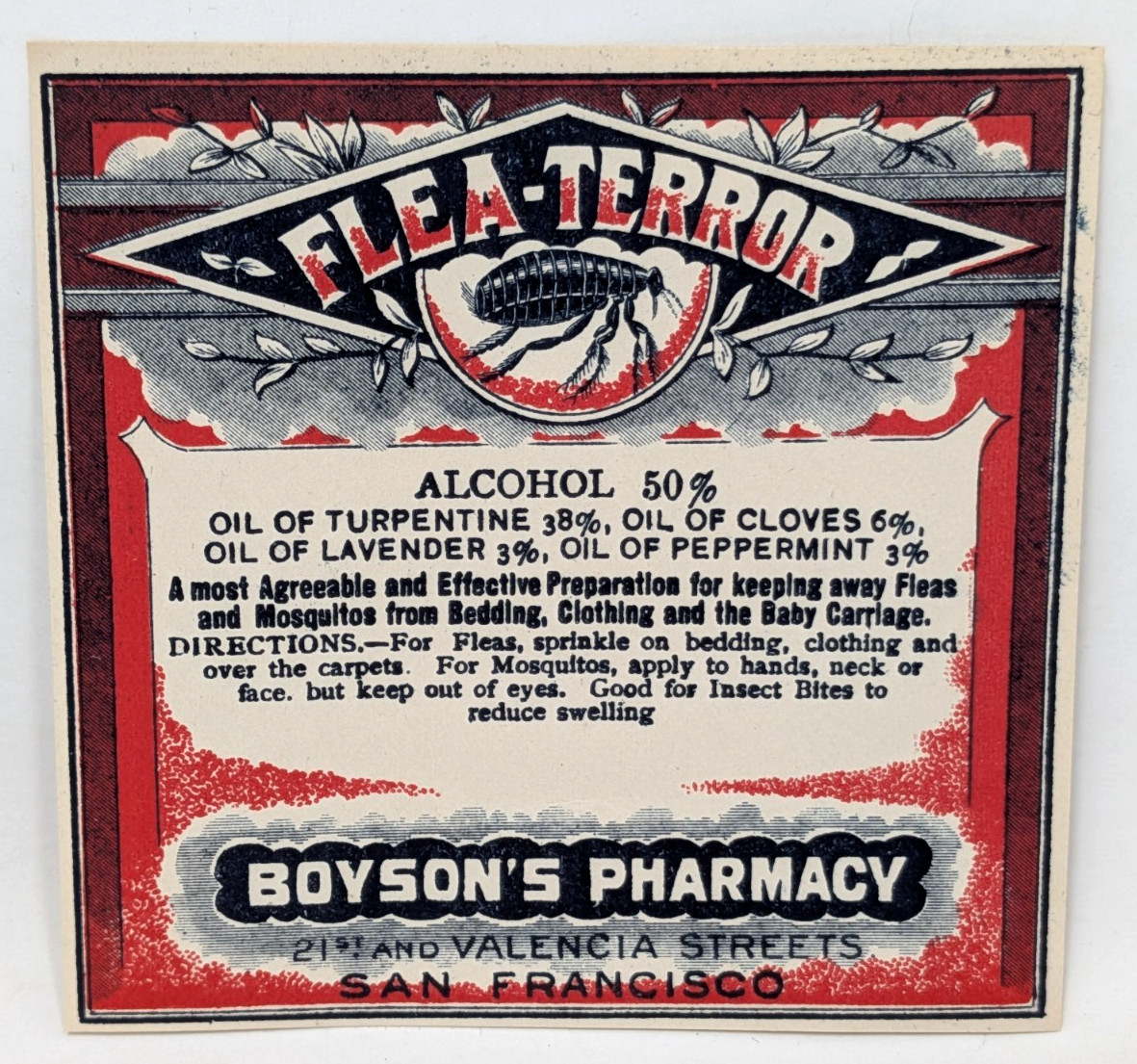 Vintage Boyson\'s Pharmacy Flea Terror Keeping Away Mosquitos Paper Label USA