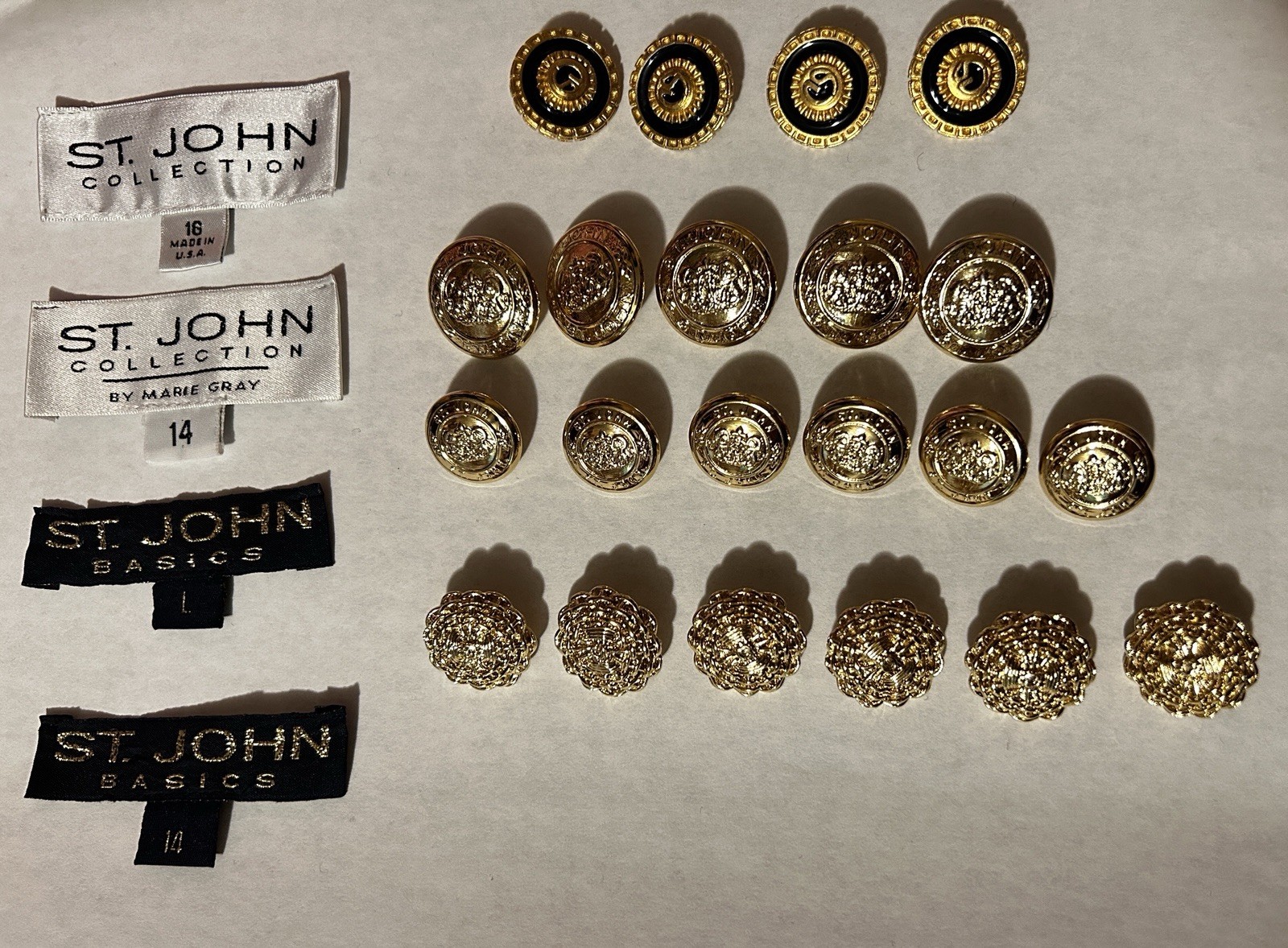 Set Of 20 Buttons ST John Black Enamel & Gold Tone Round & 4PC Fabric Tag VTG