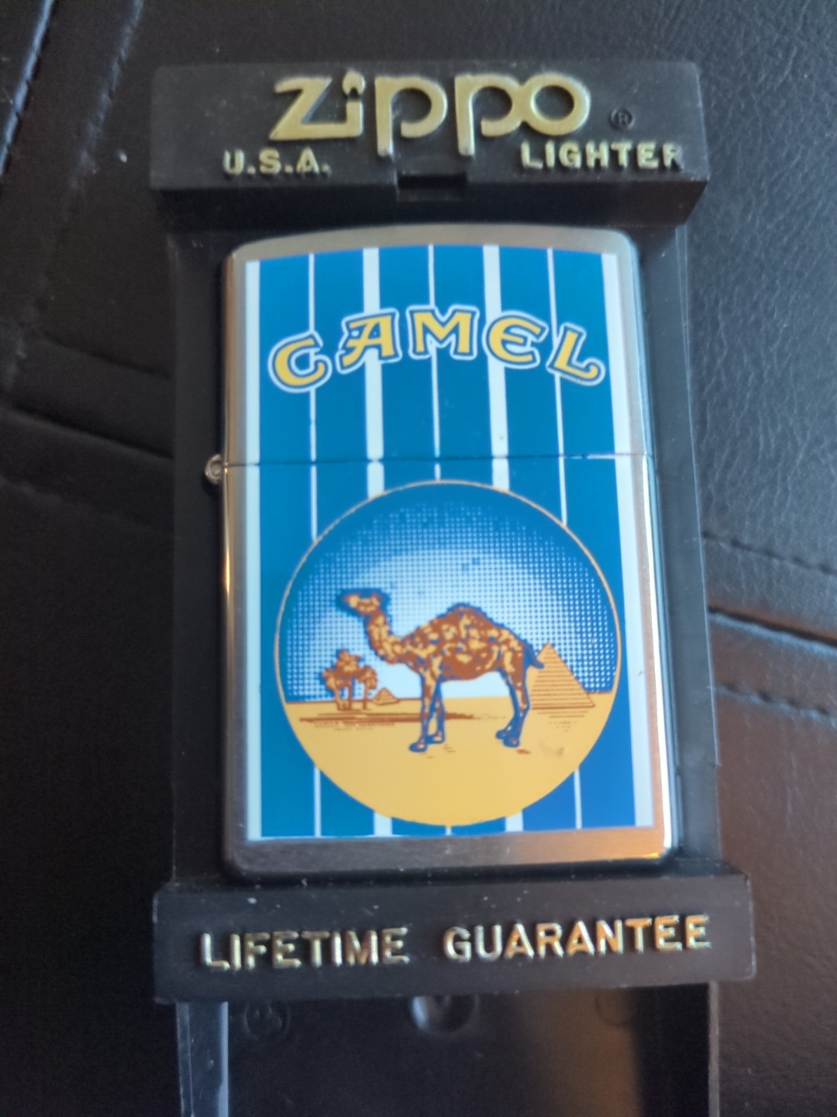 Vtg Zippo Lighter Camel Stripe Design 1998 Silver Blue Yellow With Case Style 