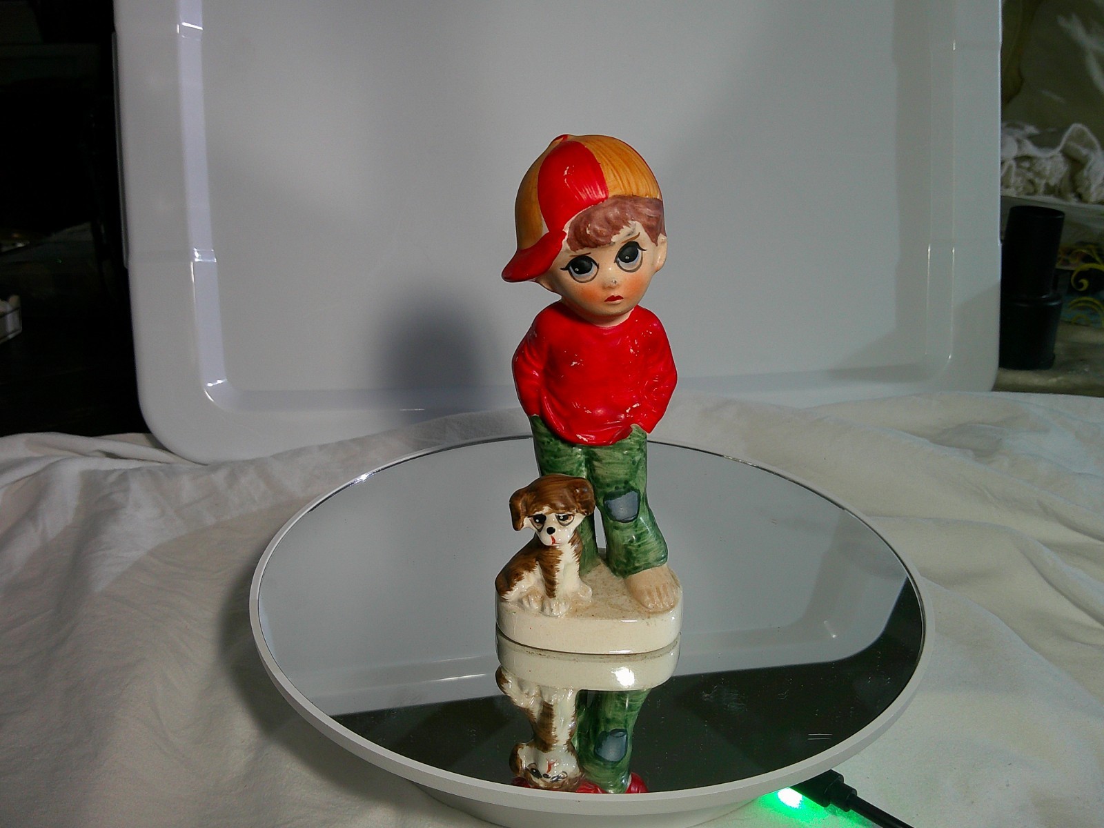 Vintage 1970s Big Eye Boy & Dog Ceramic Figurine Kitsch Made in Japan Red Cap