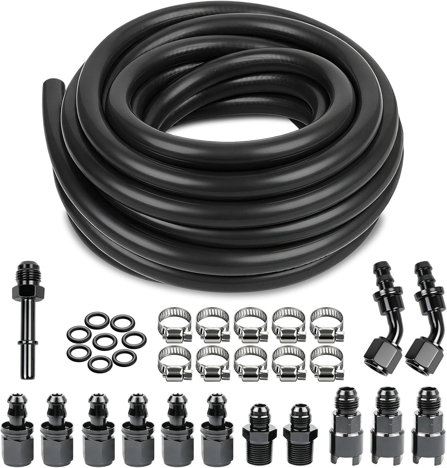 Fuel Line Kit Push Lock 3/8 Inch 25FT SAE 30R7 NBR Rubber Hose with 10 Hose Clam