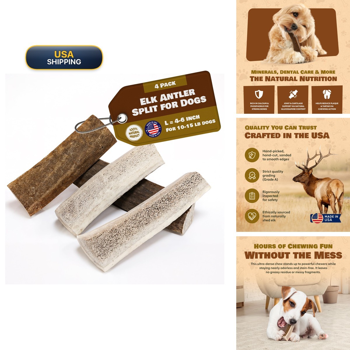 Extra Small 4 Pack Splits Elk Antler Chew for Dogs 10-20 lbs