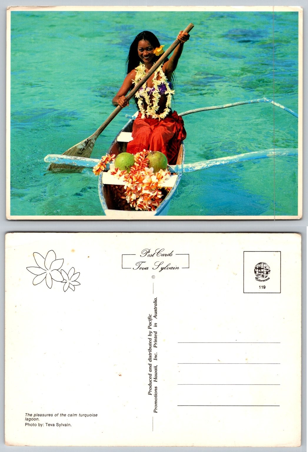 Vintage Hawaii Postcard Woman Outrigger Canoe Turquoise Lagoon Teva Sylvain