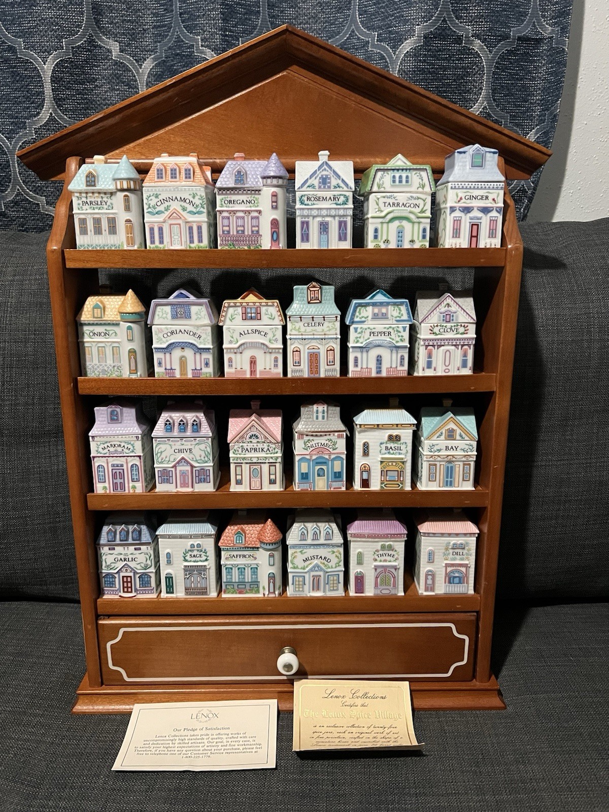 1989 Lenox Spice Village Complete 24 Houses Wood Rack Drawer Certificate Rare