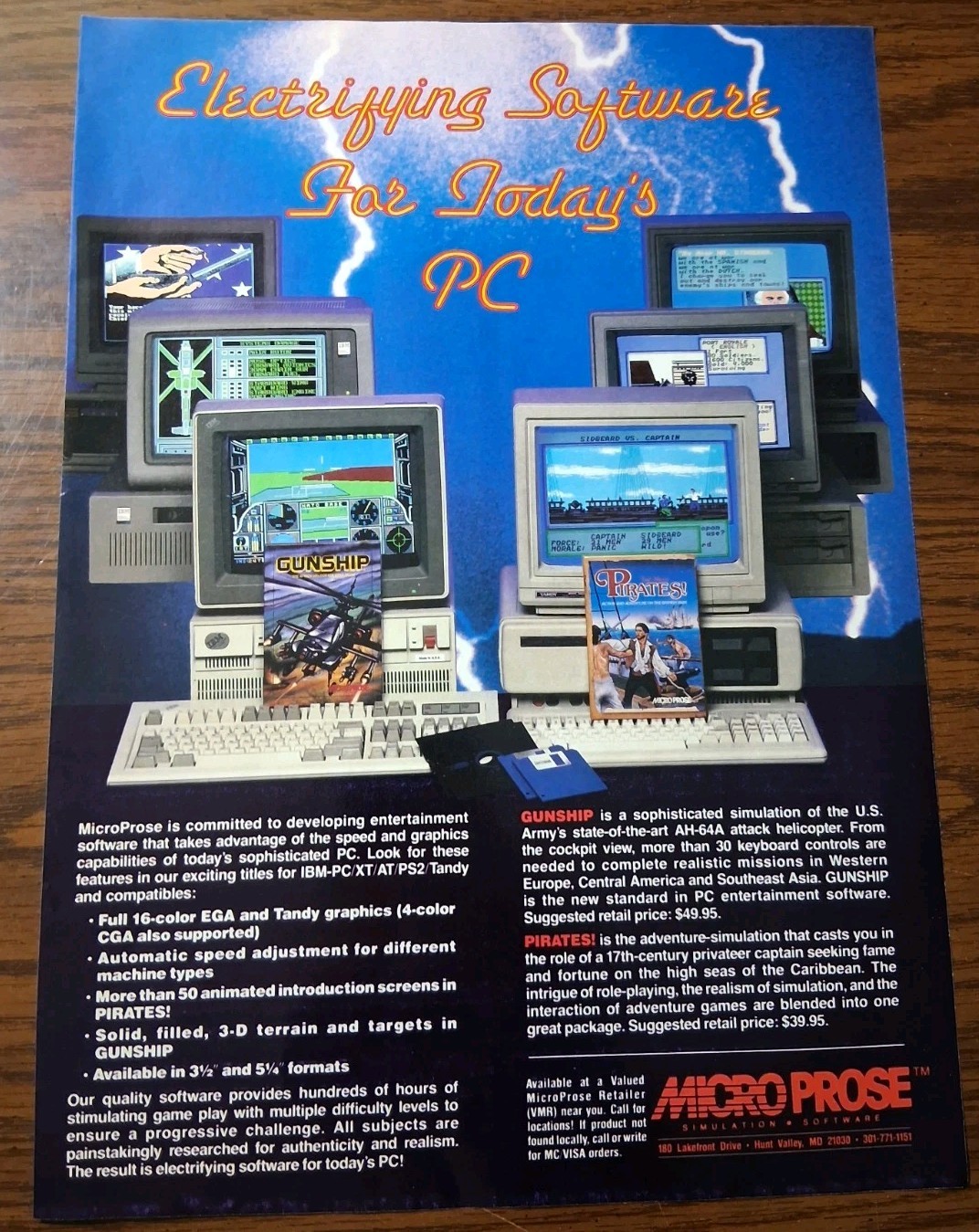 Gunship & Pirates Computer Games Micro Prose Vintage Print Ad 8x11 1980s