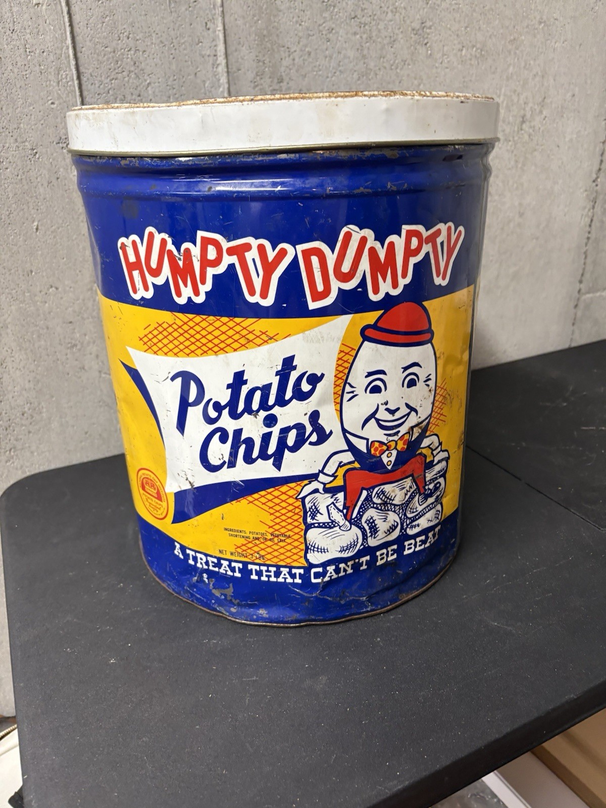 Vintage Original Yellow , Blue, Red, White Humpty Dumpty Potato Chip Tin 