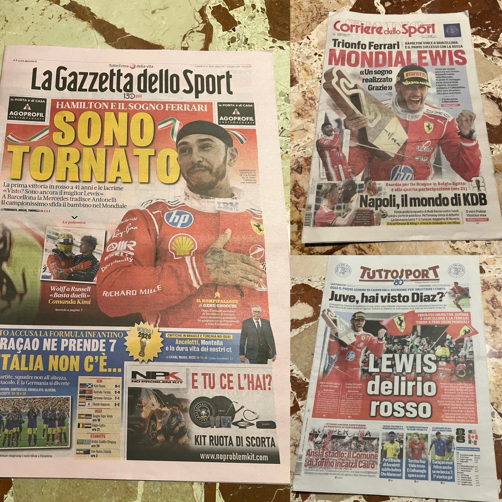 Tuttosport Corriere dello Sport La Gazzetta dello Sport 15 June 2026 Hamilton