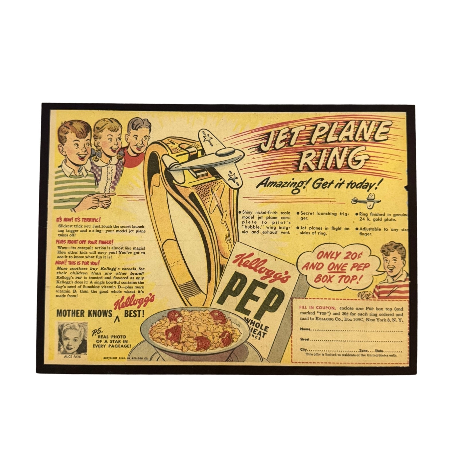 1948 Kellogg's PEP Jet Plane Ring Original Print Ad Mounted Display Vintage