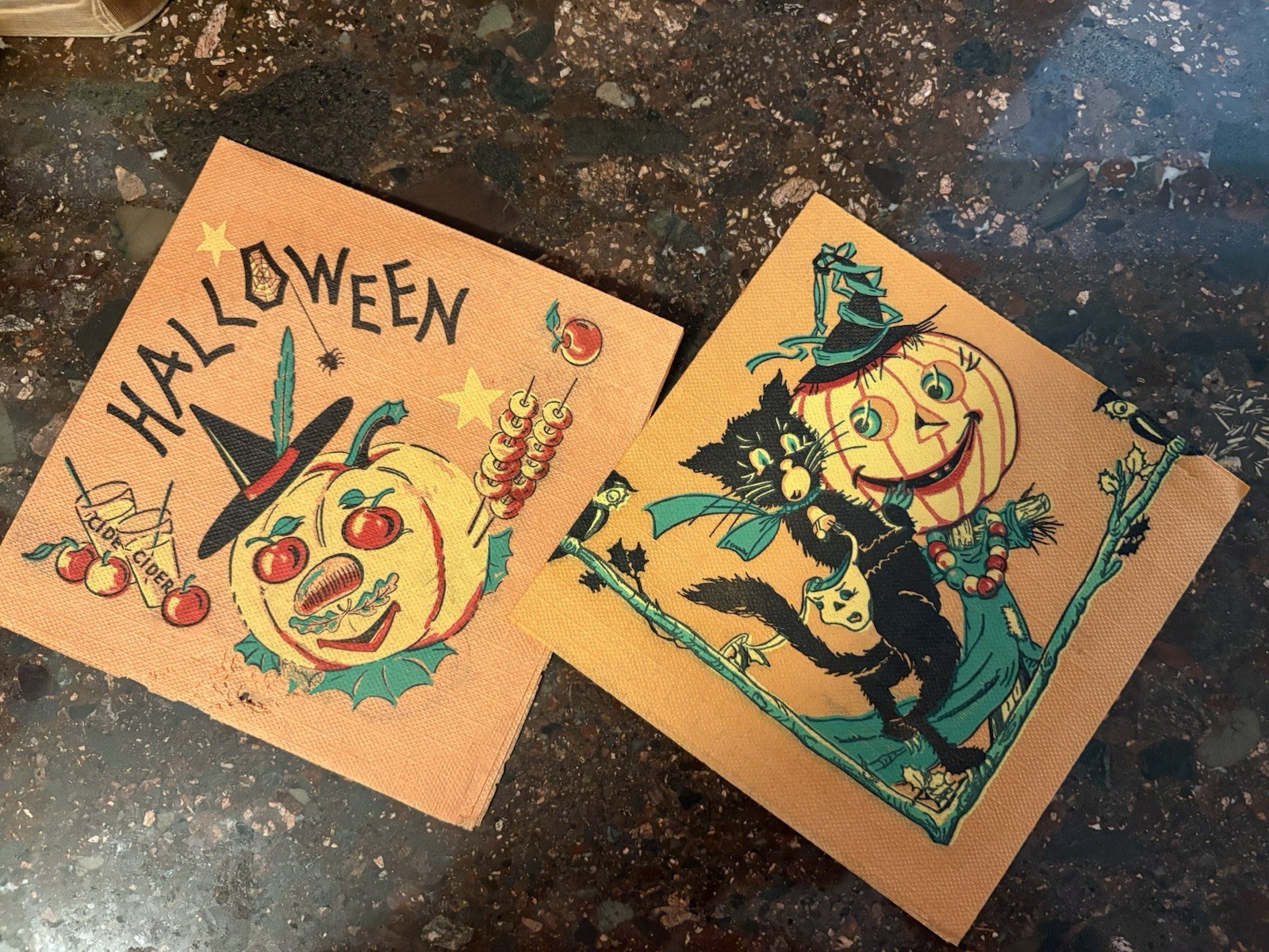 vintage Two halloween paper napkins - Jack-o-lanterns ; Black Cat;  Owl