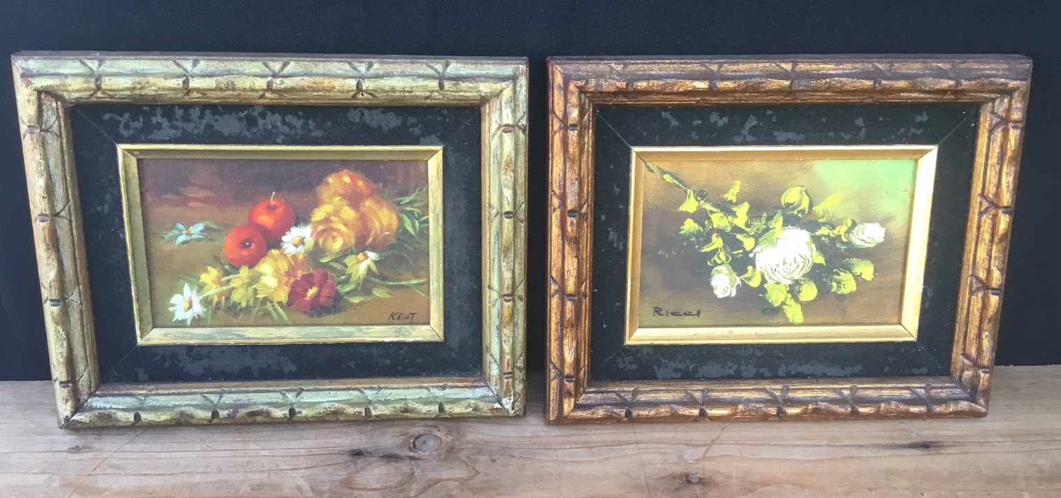 Vintage Framed Painted Floral Art Set Of 2