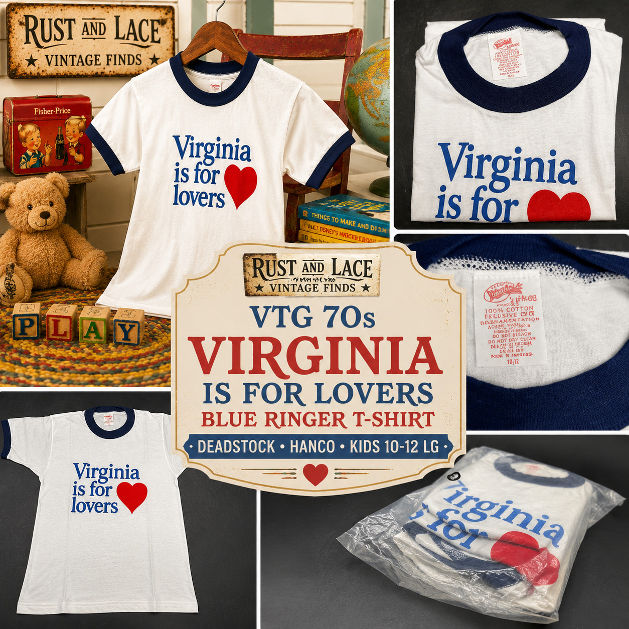 VTG 70s Virginia Is For Lovers Blue Ringer T-Shirt Deadstock Hanco Kids 10-12 LG