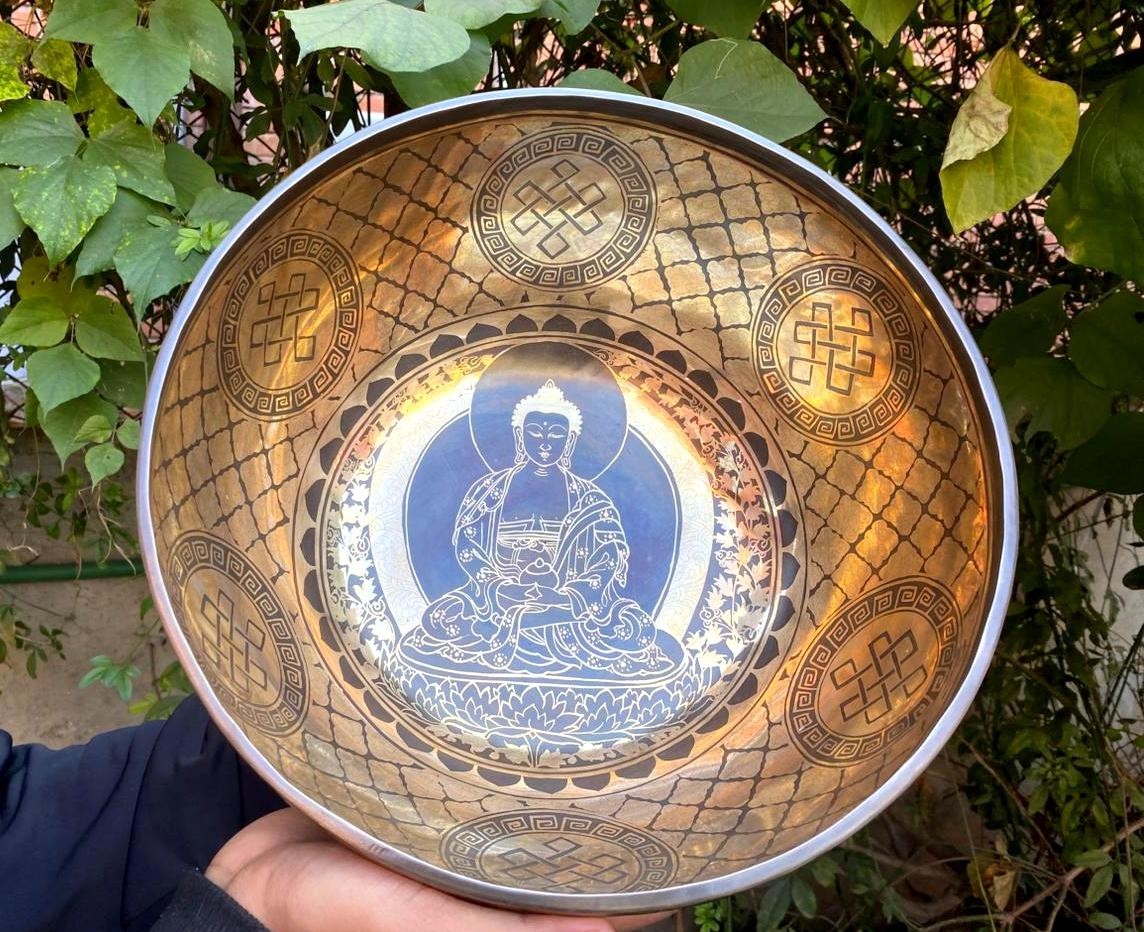 12 Inches Buddha Carving Singing Bowl - Handmade Sound Healing Meditation Bowl