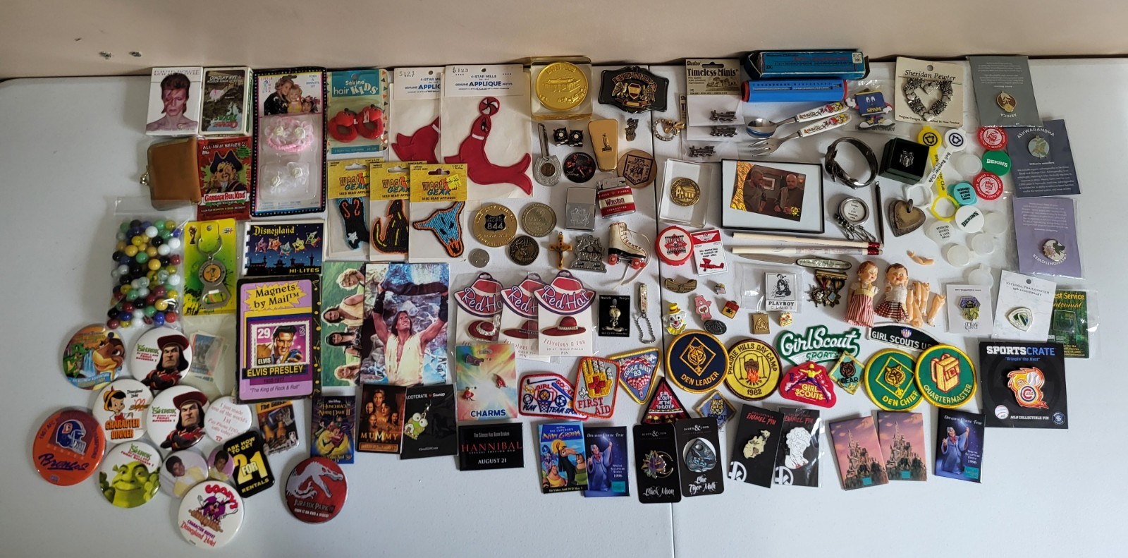 Vintage Mixed Junk Drawer Lot Estate Sale Find Pins Patches Jewelry Disney