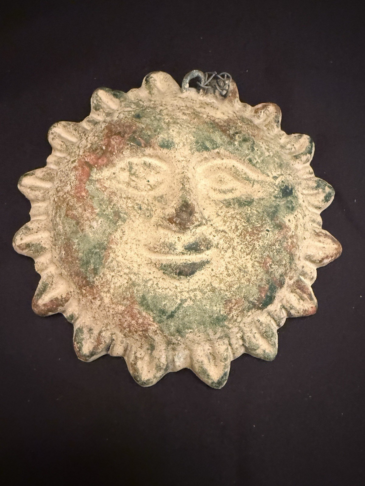 VTG Mexican Folk Art Painted terracotta sun face wall plaque Approx 4”x4”x1”