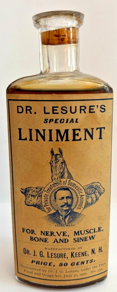 Dr. Lesure\'s Liniment old bottle, full, veterinary, Keene NH, label is perfect