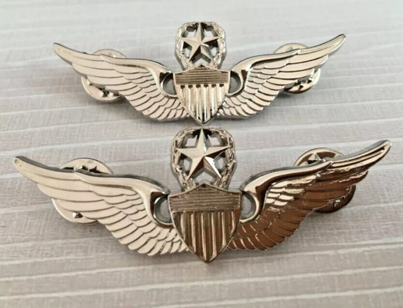 TWO 2 PIECES US Army Military Command Pilot Metal Wings Metal Badge Pin Silver