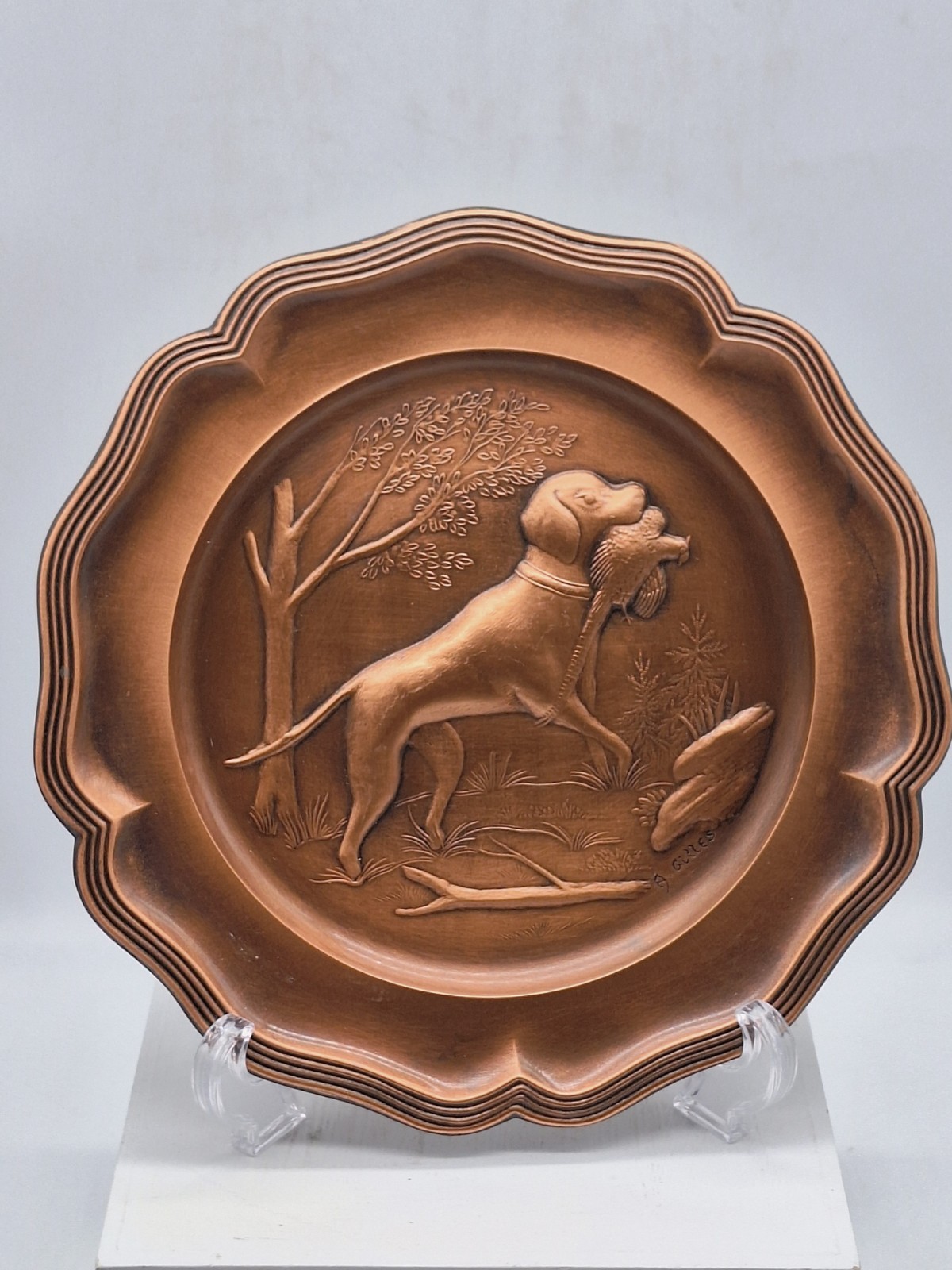 Albert Gilles Hunting Dog Scene Copper Relief  Plate Embossed  Signed 9 inches