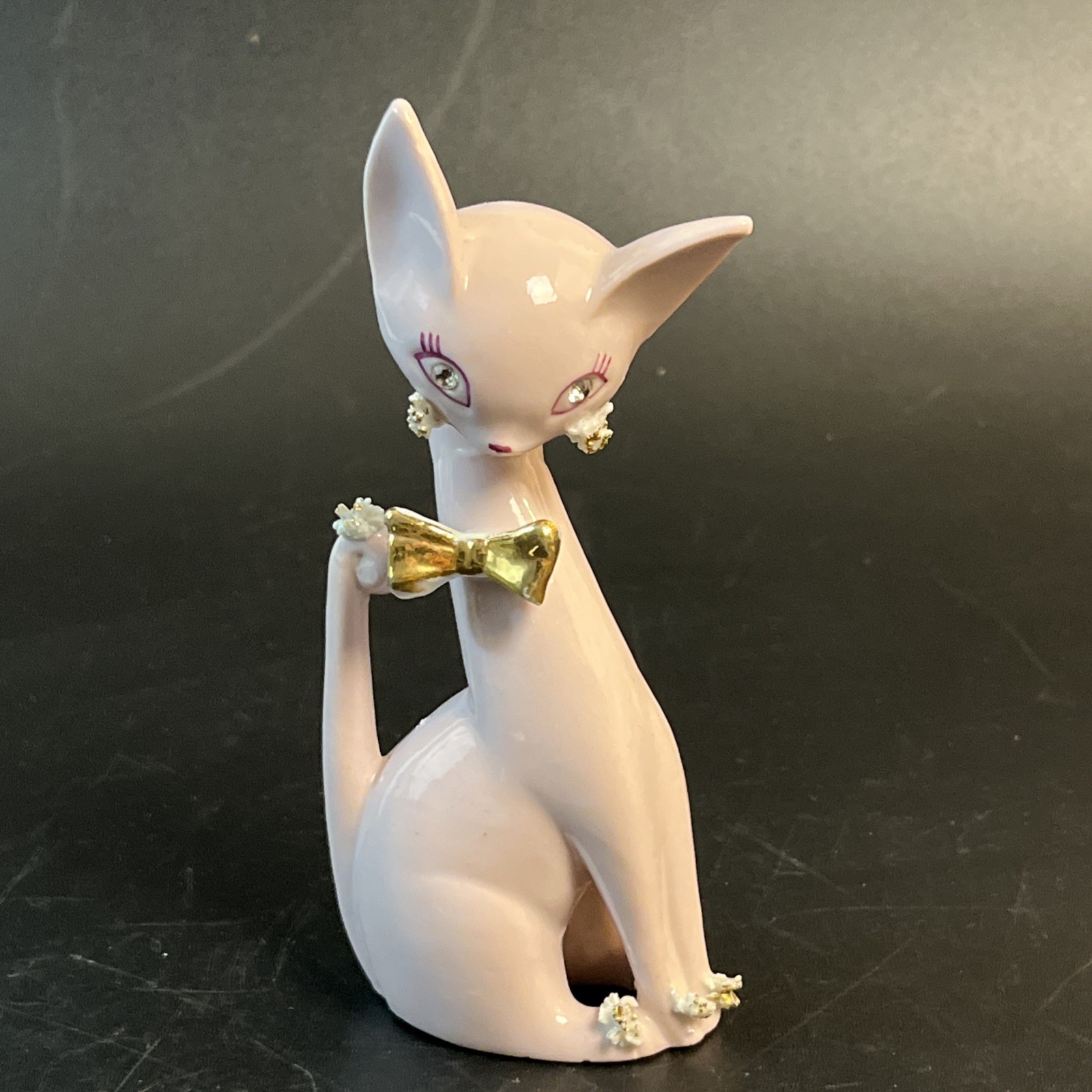 Vtg 50s Thames Pink Siamese Cat Rhinestone Eyes Spaghetti Trim Gold Bow Japan