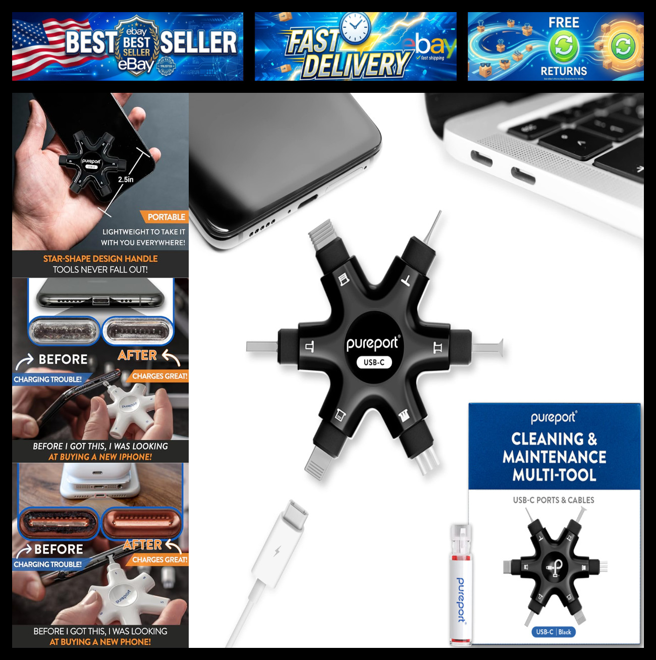 USB-C Multi-Tool Kit Repair & Clean Phone,Tablet,PC Ports (Black)