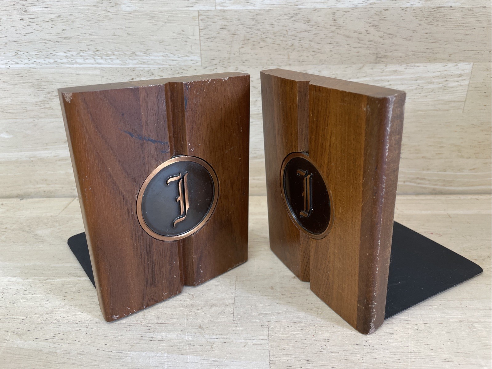 Vintage J Monogram Old English American Walnut Wood Bookend By Hyde Park USA