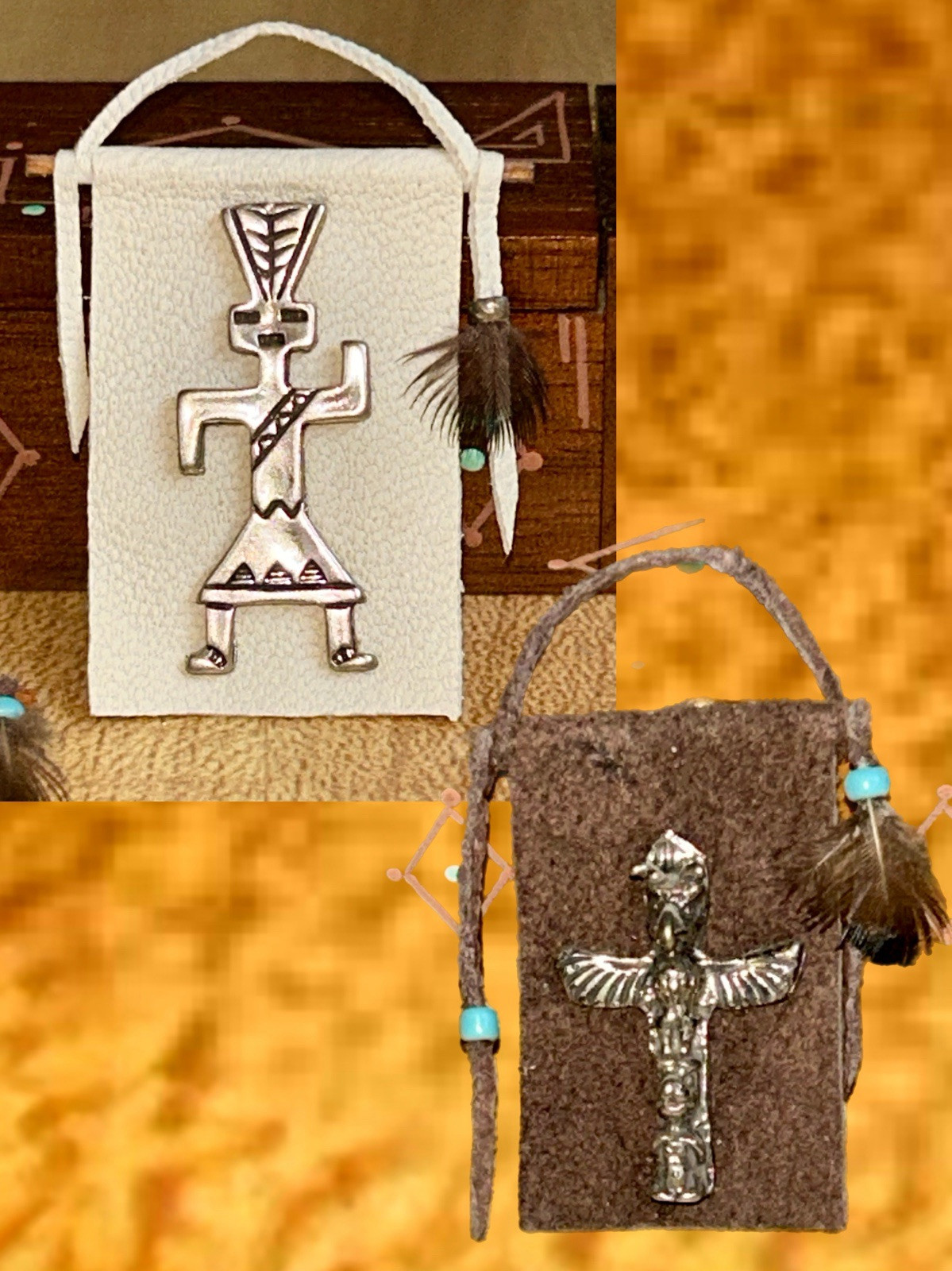 NATIVE SOUTHWEST Handmade Miniature TRIBAL ICON SUNCATCHER SET of 2-EXCEPTIONAL
