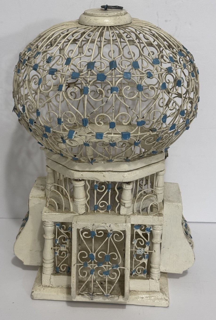 Antique Victorian Style Bird Cage Wood  Wire Sphere Hot Air Balloon- White/Blue