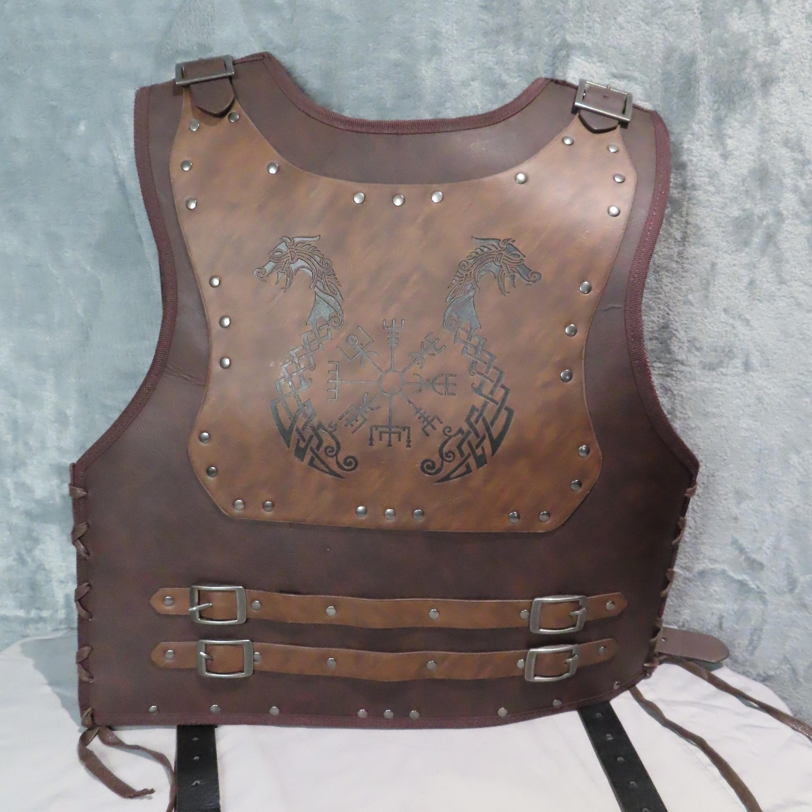 Viking Leather Chest Armor Adjustable Norse Dragon Vegvisir Rune LARP Large